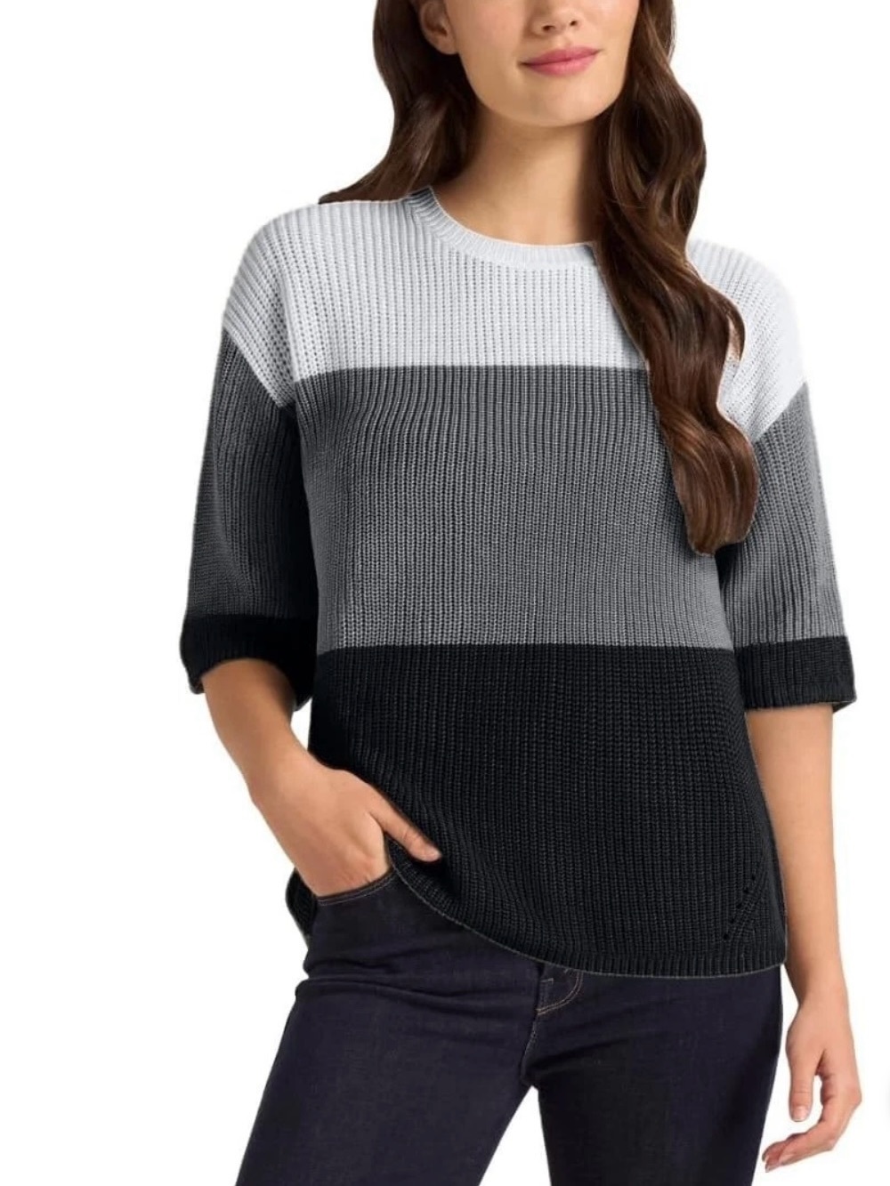 Matty M Colorblock Crewneck Sweater in White, Gray & Black Size Medium Soft!